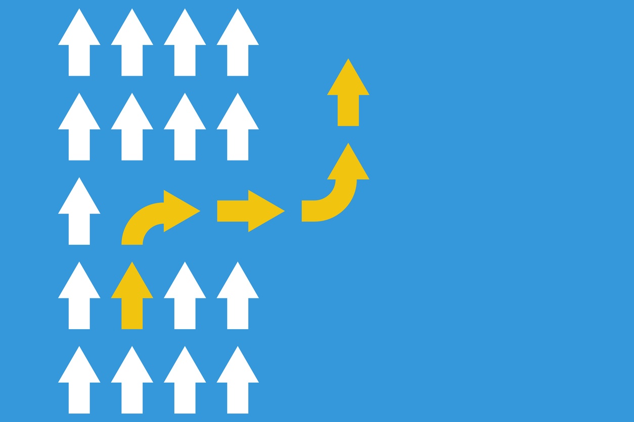 Arrows going straight and one diverging
