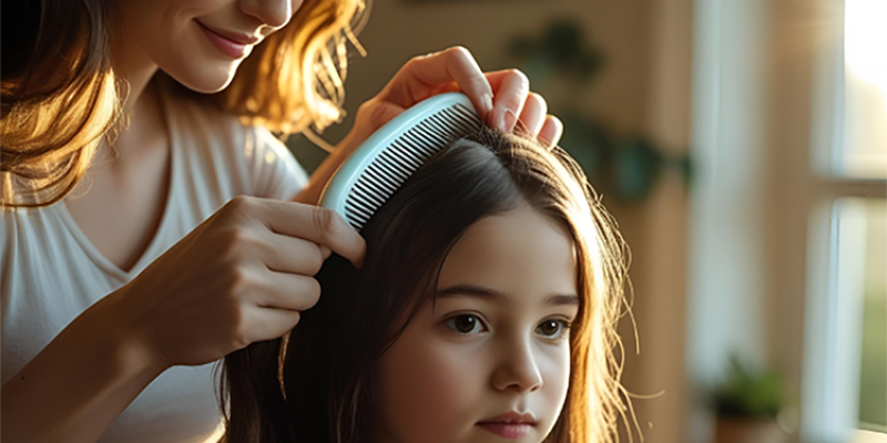 Woman combing girls hair