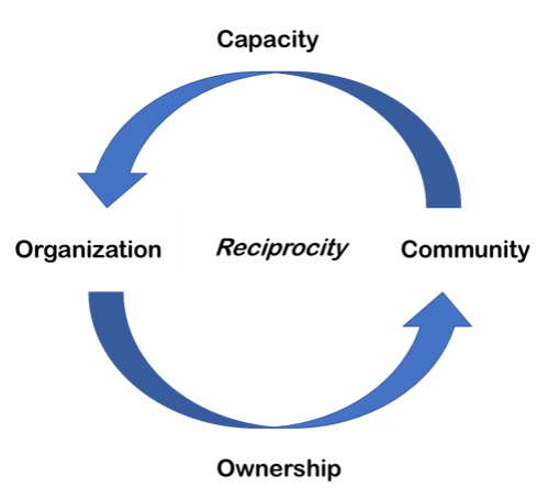 Circular graph with areas pointing to Organization and Community with Ownership at the bottom and Capacity at the top.  Reciprocity is in the middle