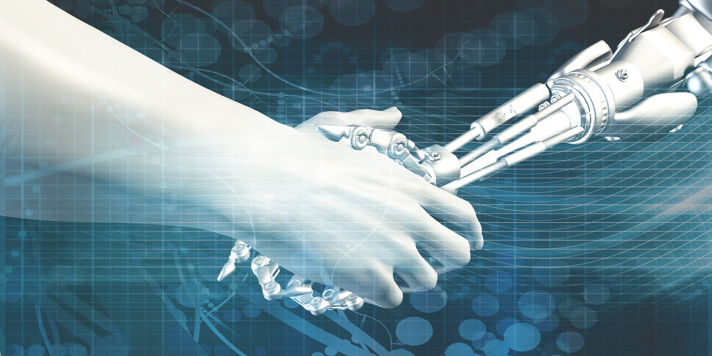 Human hand and robotic hand shake
