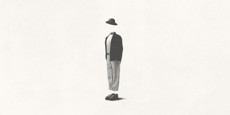 Silhouette of person in suit and hat without a head